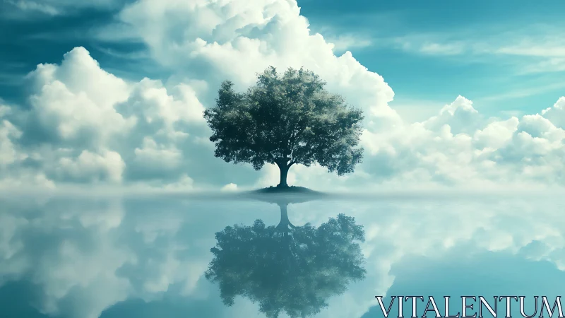 Solitary tree stands over calm reflective water under clouds