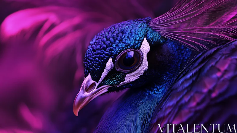Peacock close-up in saturated purple and blue lighting.