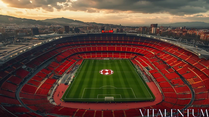Sunset crowns a crimson football coliseum above the city.