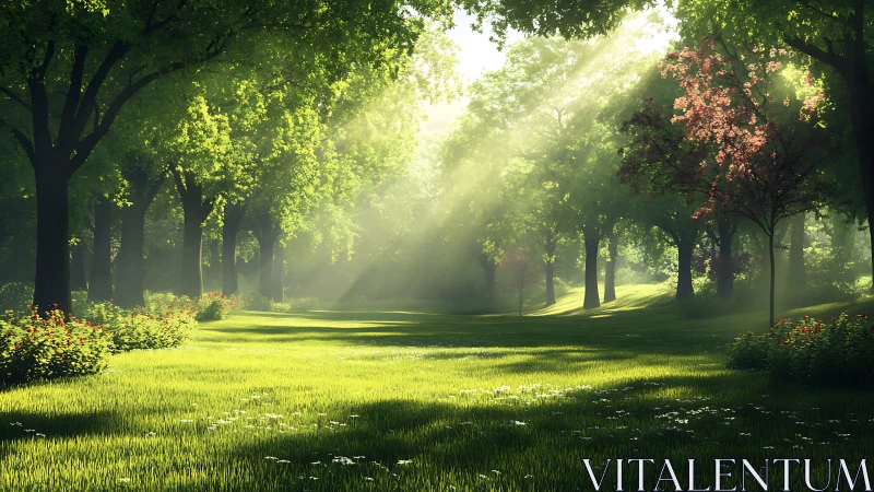Sunlit forest glade with soft rays and flowering borders.