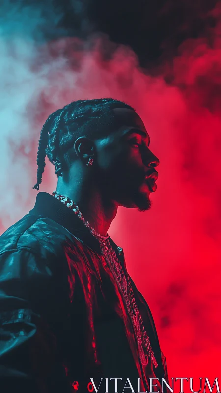 Side-profile portrait in red and blue smoke lighting.