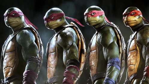 Mutant turtle warriors stand aligned in cinematic spotlight.