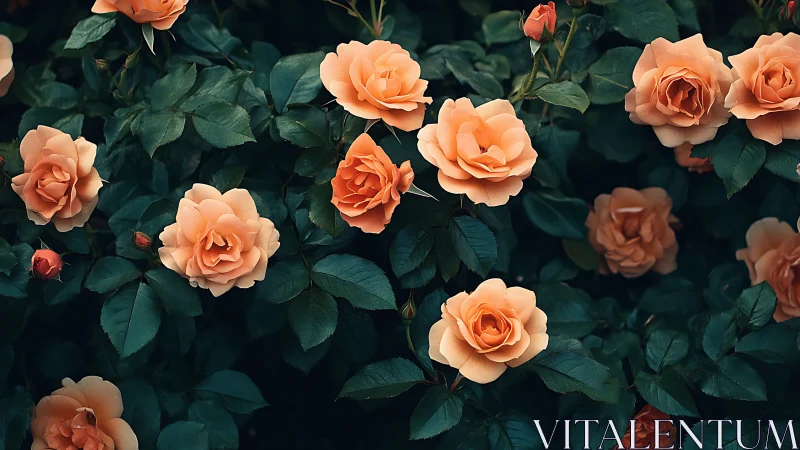 Layered Coral Roses with Teal Foliage Matrix.