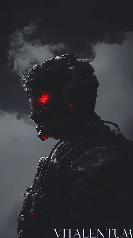 Cybernetic soldier profile with glowing red ocular core.