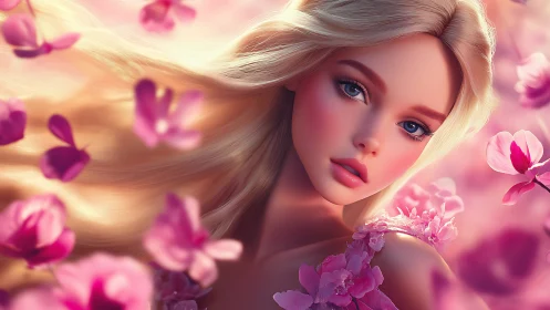 Dreamy blonde muse surrounded by soft pink blossoms.