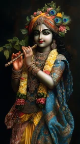 Divine flute player adorned with peacock feathers stands serenely