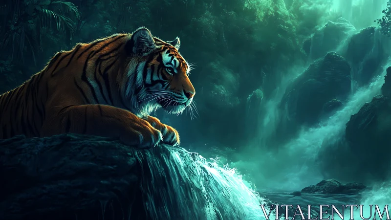 Gentle tiger resting above a misty, moonlit jungle falls.