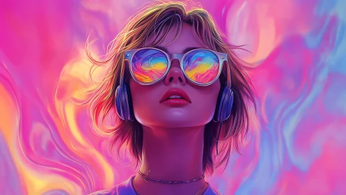 Woman in headphones with neon sunglasses and pink sky.
