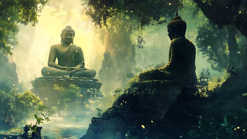 Buddha statues in volumetric jungle light, atmospheric depth.
