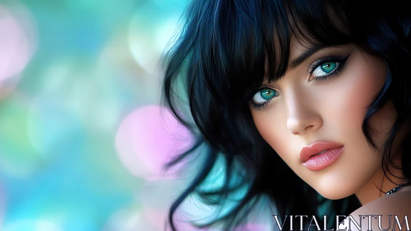 Portrait with teal eyes against soft bokeh background.