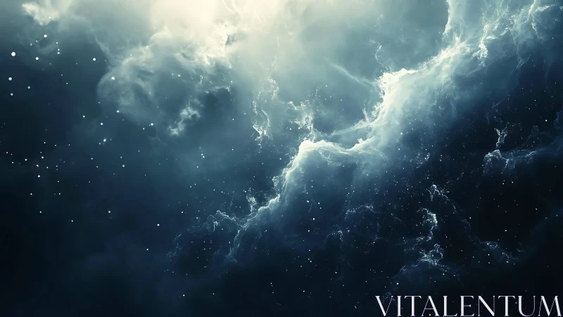 Billowing cosmic clouds drift gently through a quiet starlit void