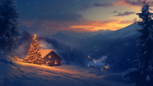 Snowy mountain cabin at dusk with lit Christmas tree.