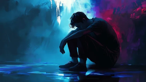 Solitary figure absorbs neon silence in reflective void.