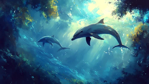 Dolphins swimming through sunlit underwater seascape.