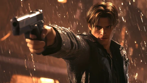 Rain-soaked vigilante aims into the blaze-streaked night.