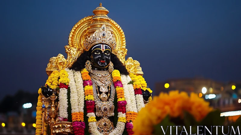 Midnight deity gleams in gold and marigold devotion garlands.