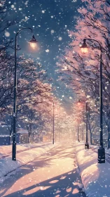 Snowy lamplit street glowing softly under a winter sky.
