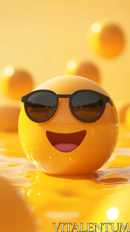 Smiling emoji sphere wears sunglasses in glossy yellow pool.