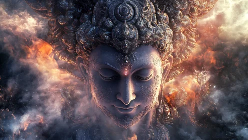 Digital painting of ornate celestial deity head in clouds.