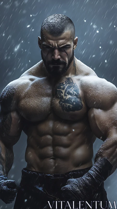 Snow-dusted fighter standing strong in a stormy night scene.