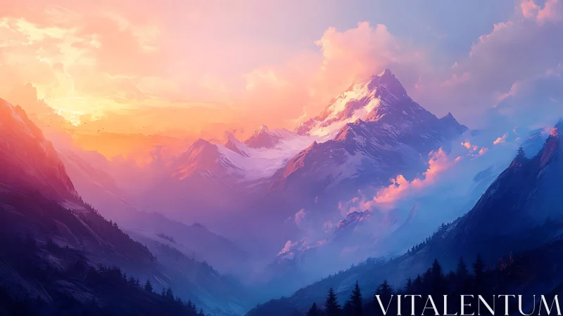 Luminous alpine peaks under radiant pastel sunrise sky.