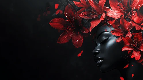 Dark portrait of woman with vivid red floral headdress.