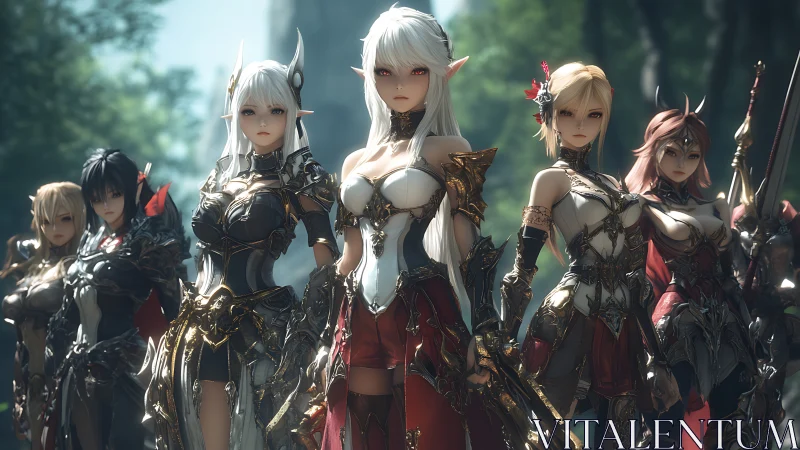 Fantasy elf warrior squad in ornate armor stands united.