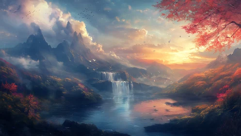 Sunset cascades over myth-tipped mountains and quiet lake.