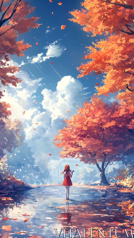 Autumn forest path with reflective water and solitary figure