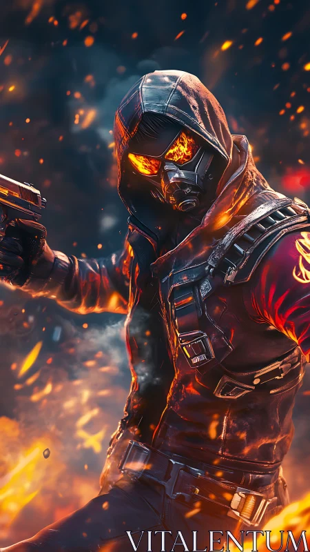 Flame-eyed rogue strides through gunfire and molten sparks.