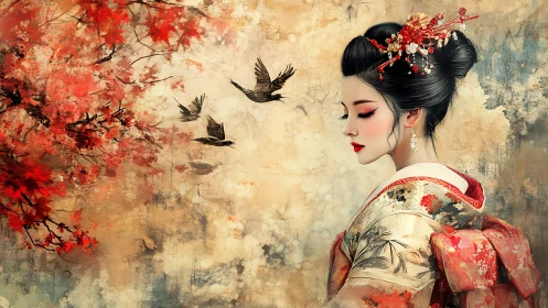 Geisha in patterned kimono stands beside red maple foliage