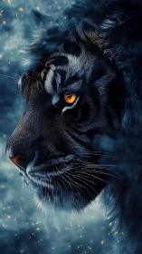 Digital tiger portrait isolates ember-lit gaze in cold haze