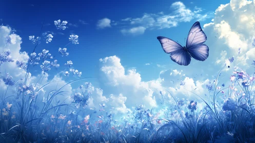 Majestic Blue Butterfly in Dreamy Wildflower Meadow, Digital Art.
