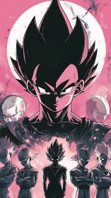 Vegeta under lunar blaze in bold pink anime composition.