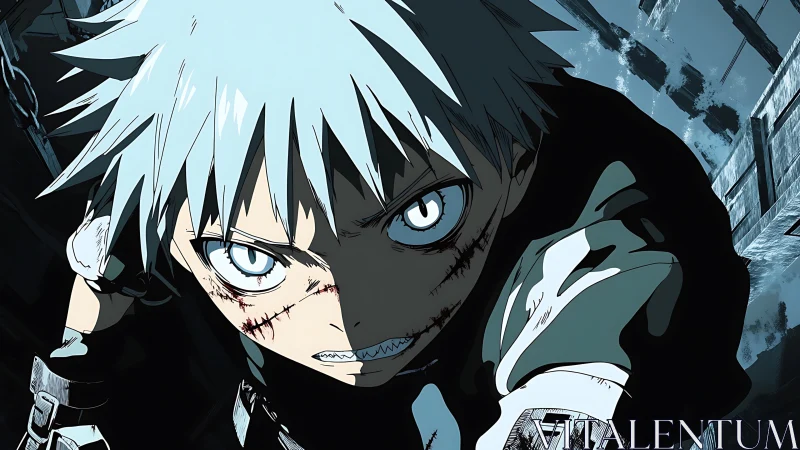 Gritty silver haired fighter charging through a stormy night.