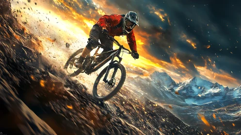 Fearless mountain biker dives into a blazing sunset ride