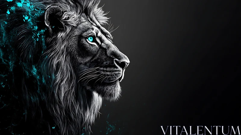 Bioluminescent cyan lion profile in high-contrast digital chiaroscuro.