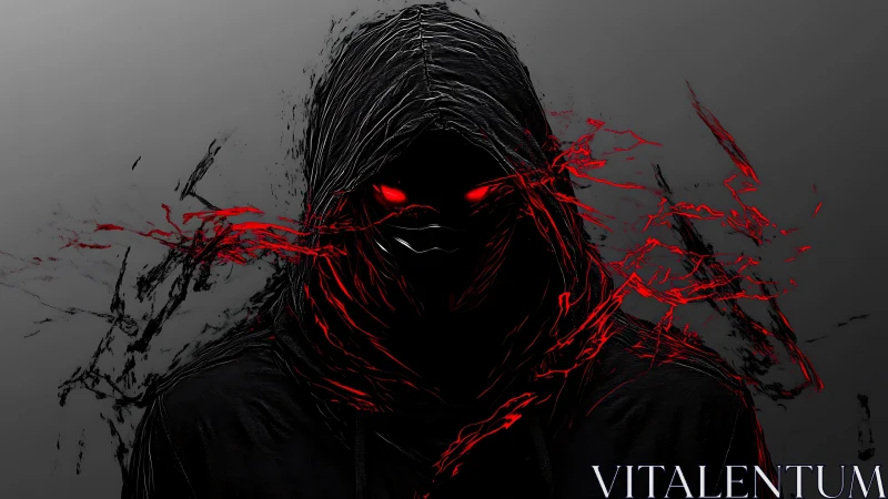 Hooded shadow figure radiates red energy in dark void