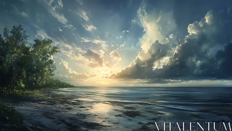 Dramatic sunset over quiet shoreline and reflective sea.