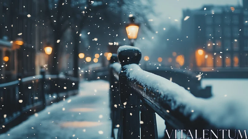 Snowlit canal bridge at dusk with glowing city lamps.