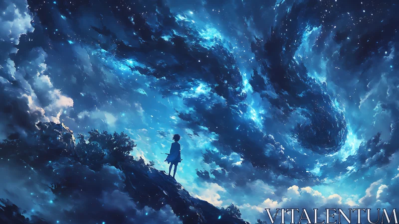 Stargazing child watches swirling blue galaxies awaken above