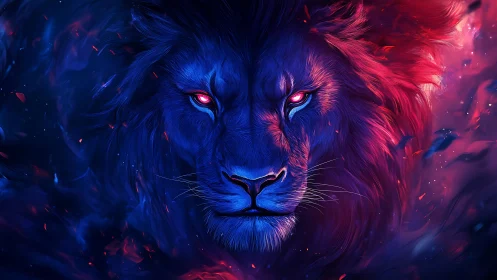 Neon bicolor lion portrait with luminous magenta mane.