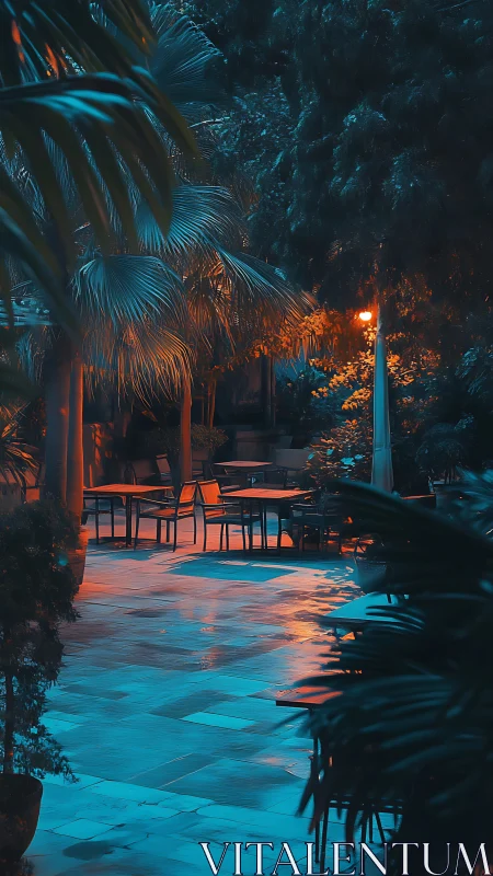 Rain-wet patio glows under blue night and warm lamplight