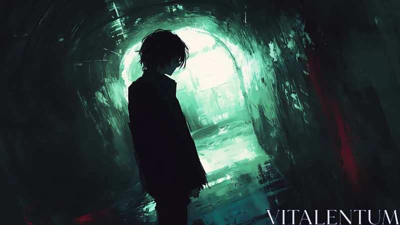 Silhouetted loner walks toward eerie neon tunnel light