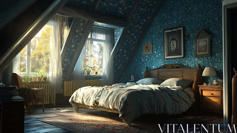 Sunlit attic bedroom with sloped ceiling and blue walls.