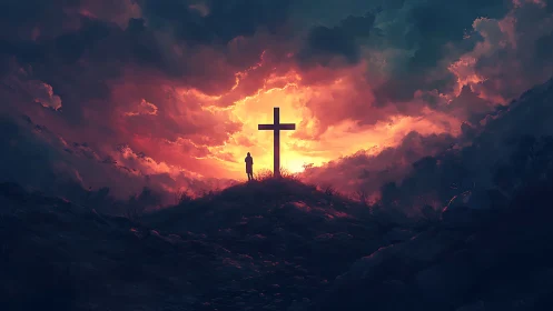 Silhouetted worshipper before cross at fiery stormlit sunset