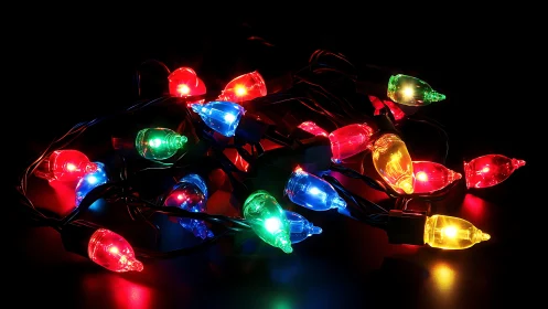 Multi‑color incandescent holiday string lights emit saturated glow