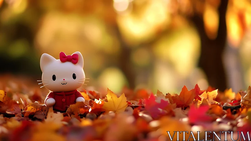 Ceramic figurine positioned among autumn foliage in natural setting