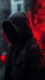 Hooded urban silhouette in red atmospheric backlit smoke