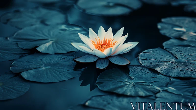 Midnight lily lantern drifting over deep teal water.